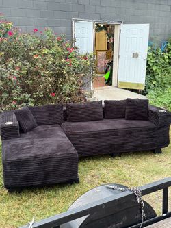 Black Corduroy L-Shape Sectional w/ Cup Holders