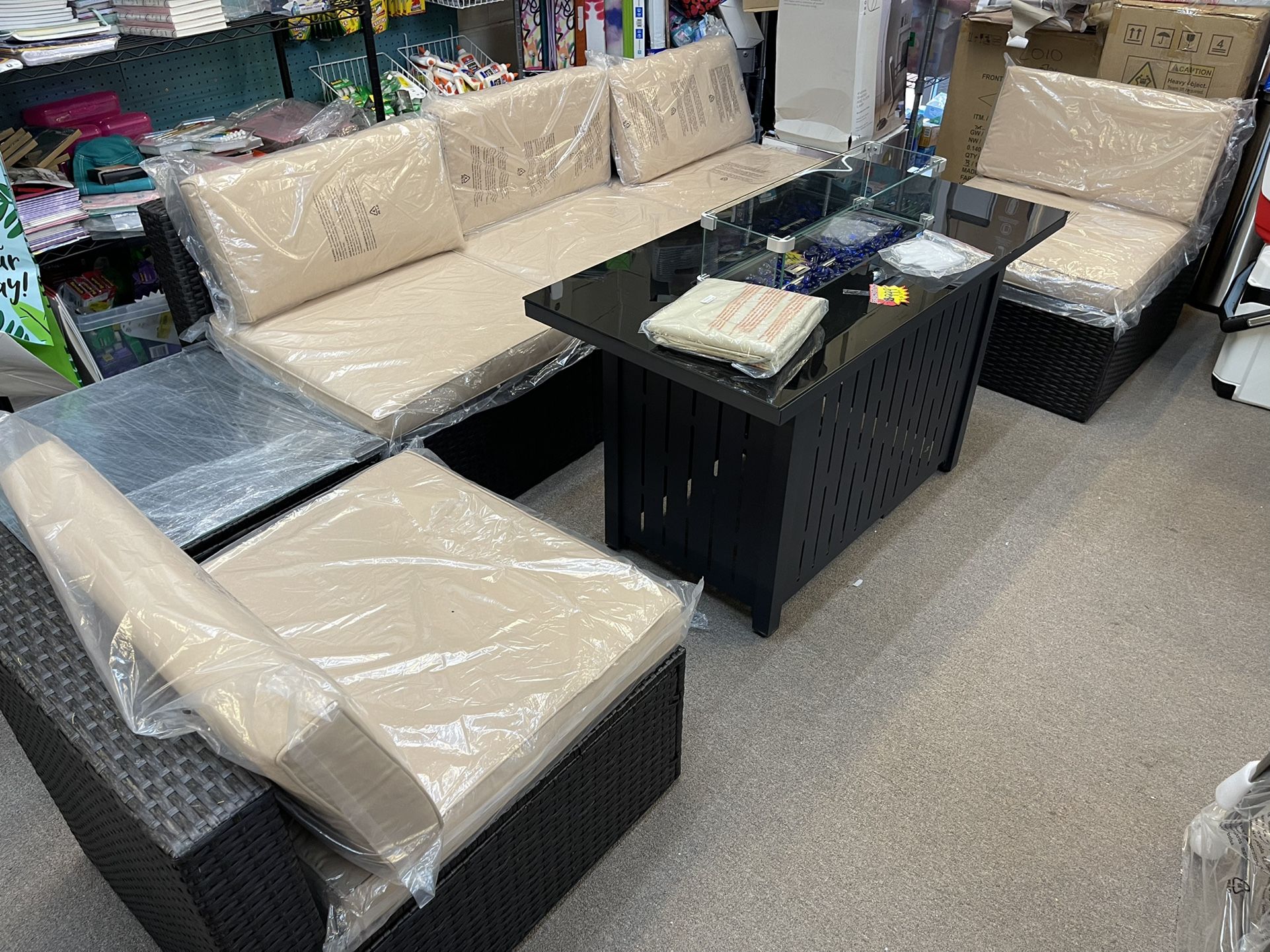 Large Patio Set With Glass Top Table Fire pit New Fully Assembled