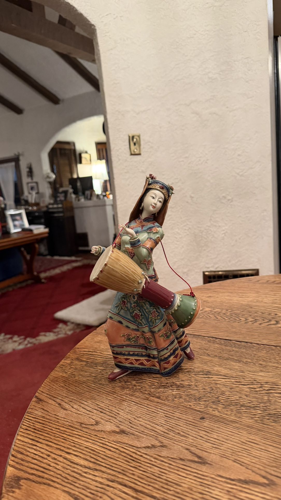 Shiwan Chinese Figurine Asian Decor, Woman Statue playing Chinese Drum 11” Tall