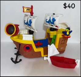 Fisher Price Little People Lil Pirate Ship Music Sounds with RARE Dinghy / Boat