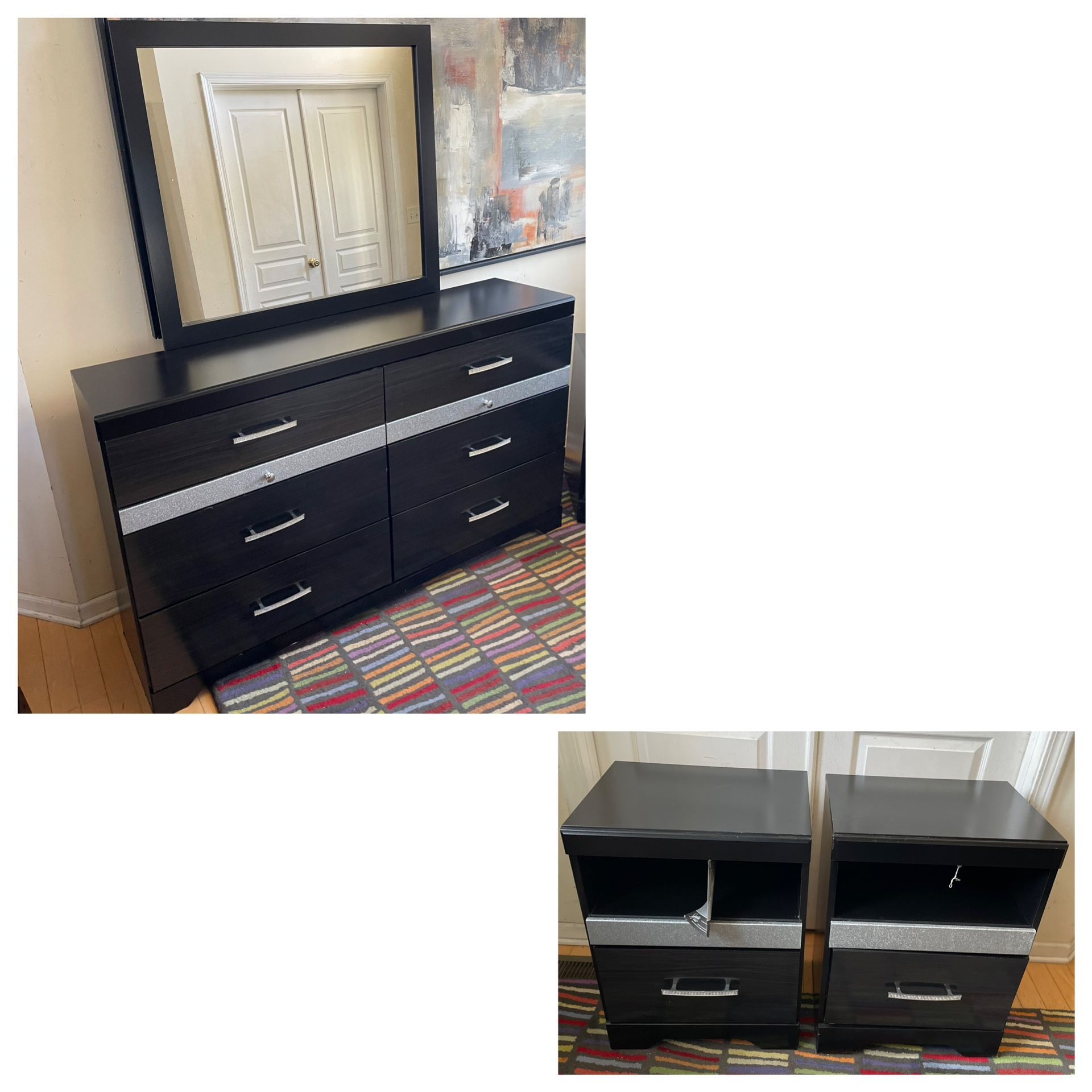 Ashley Furniture Starberry Black Eight Drawer Dresser, Mirror and 2 Night Stands