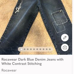 Rocawear Dark Blue Denim Jeans  White Contrast Stitching sz 12 Boys Embroidery 