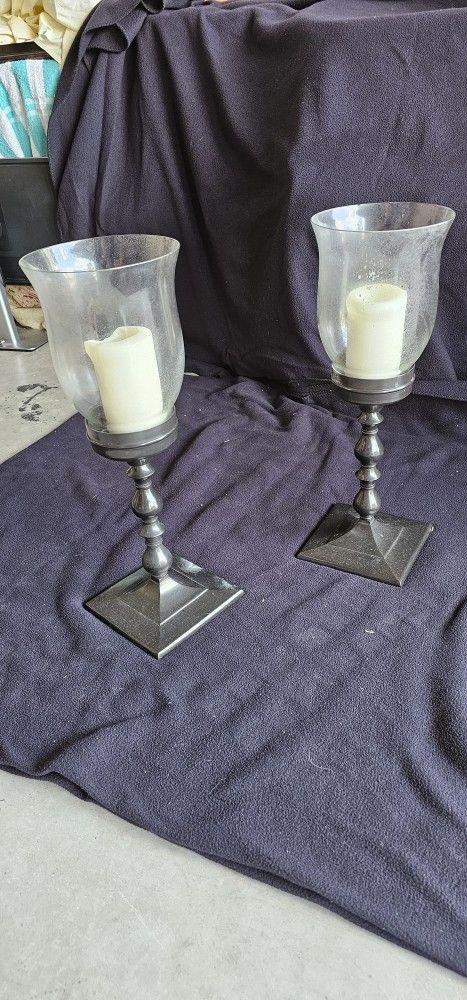 Pottery Barn Hurricane Pillar Candle Holders With Glass Shades