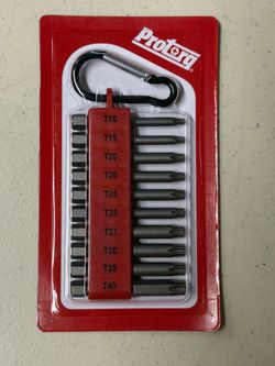 Protorq  6-Point Steel Bits. Comes with carrying case and clip. 10 -Pieces from  T10-T40. Brand new in package.