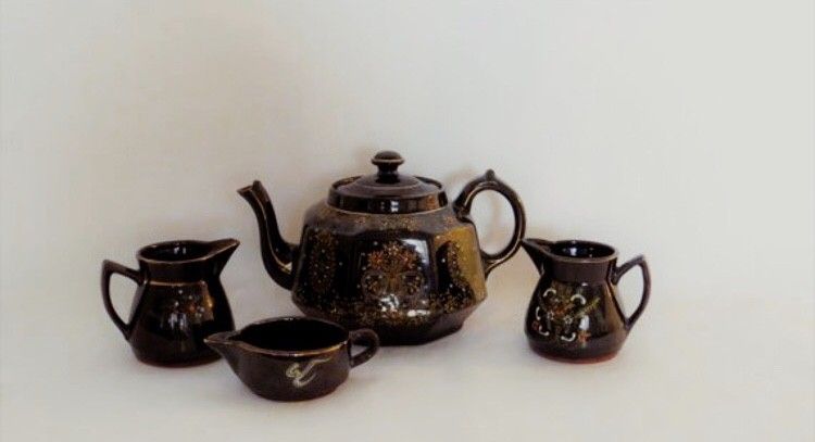 Vintage Antique 1920s Gibson and Sons Adriatic Teapot Made in Burslem England Brown Art Deco Painted 4 Piece Set with Creamers