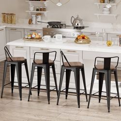 Furniture Swivel Metal Bar Stools Kitchen Counter Height Stools Industrial Barstools Set of 4 (Swivel 26 inch,Matte Black Wooden)