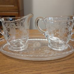 Vintage Martinsville Viking Prelude Etched Creamer and Sugar Set with Tray