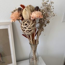 Faux/dried flower bouquet, glass vase included