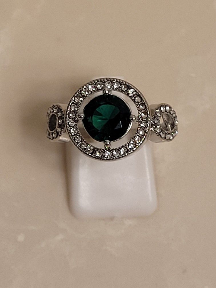 Silver CZ and Emerald Halo Ring Size 8