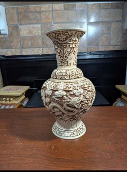 12" x 6 3/4" Vintage Ivory Dynasty carved dragon and floral vase by Arnart Imports