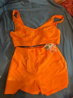 Bright Orange Two-Piece Crop Top and High-Waist Shorts Set