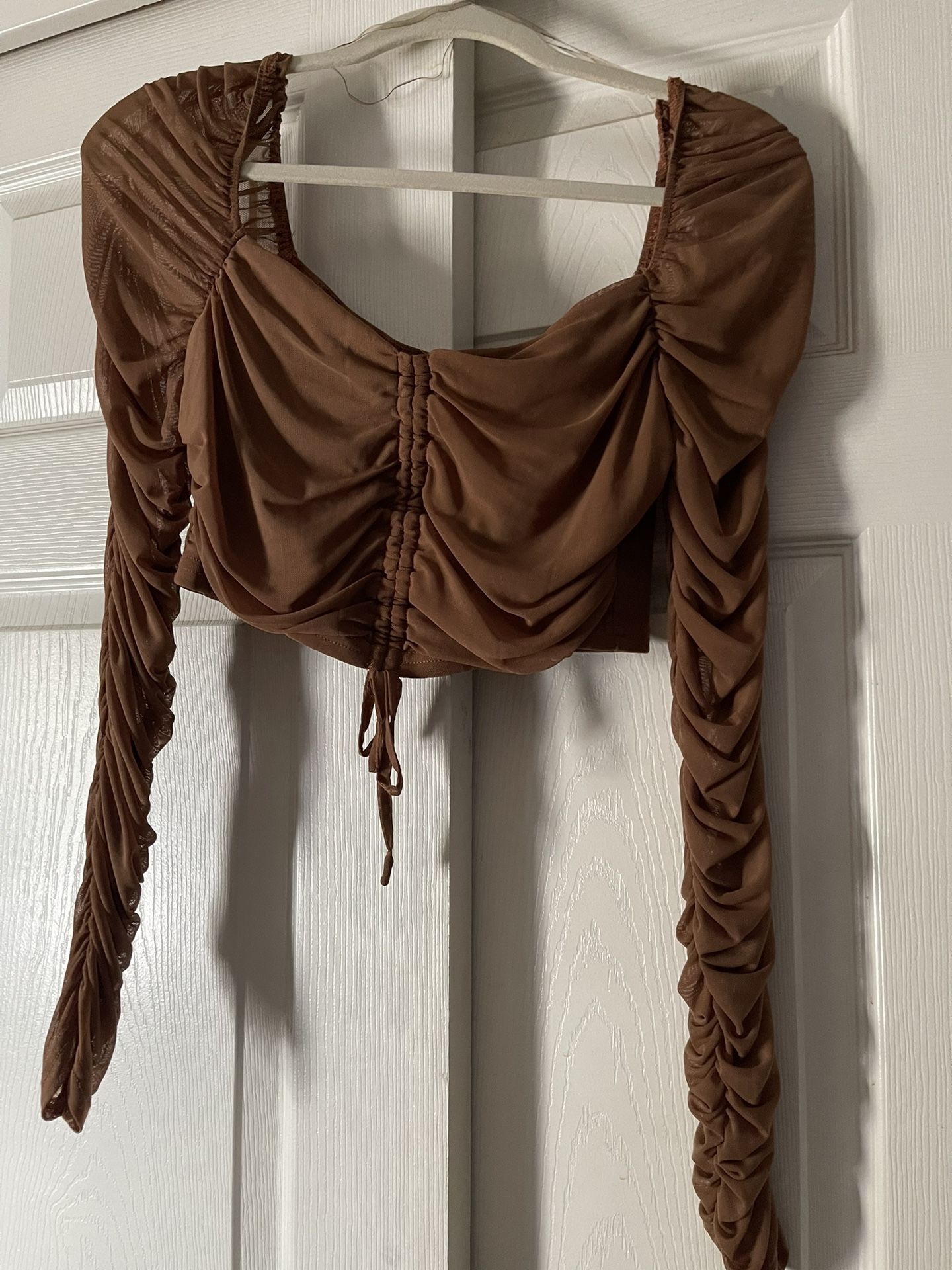 Off The Shoulder Scrunched Tan Crop Top
