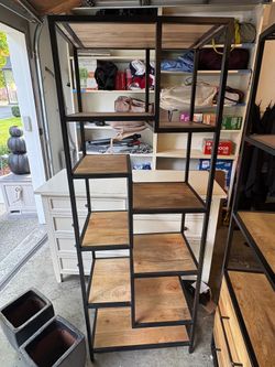 Industrial Style Black Metal and Wood Multi-Tiered Shelf