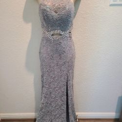 Gorgeous Silver Gray Lace Cut Out High Slit Halter Prom Formal Dress Sz 3
