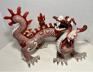 1950s Vintage White/Red Ceramic Dragon Feng Shui Sculpture Chinese Zodiac Décor