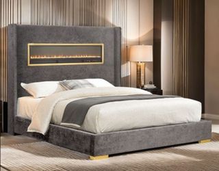 Brand New Grey Queen Bed Frame w Fireplace Simulator ( Available in Eastern King)