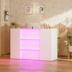 CORWYNN Rectangular Wood Reception Desk With Drawers And Cabinets, LED Lights