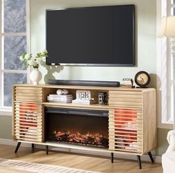 OKD 70" Fireplace TV Stand for TVs up to 80" , Entertainment Center with 36" Electric Fireplace, Natural Oak