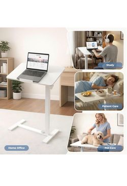 DUMOS Adjustable Rolling Desk, Mobile Overbed Bedside with Hidden Wheels, Portable Laptop Standing Desks Computer Workstation for Bed Sofa Couch, Whit