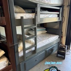 Twin / Twin Grey Solid Wood Bunk Bed Set With Trundle Storage