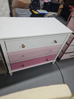 White and Pink 3-Drawer Dresser