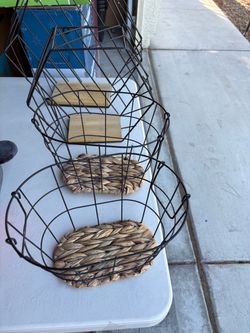 Black Wire Baskets with Woven Inserts – Set of 2