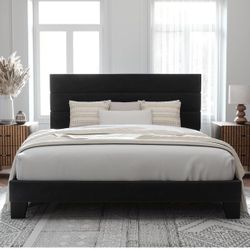 King Size Platform Bed Frame with Velvet Upholstered Headboard and Wooden Slats Support, Fully Upholstered Mattress Foundation/No Box Spring Needed/Ea