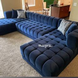 Brand New/ Blue Velvet Double Chaise Sectional, Seccional, Couch/ Delivery Available 