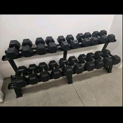 RUBBER HEX DUMBBELLS SET:
  55lb - 100lb. WITH THE RACK.
