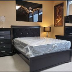 Amelia Black Bedroom Set (Dresser Mirror Nightstand Queen Bed)