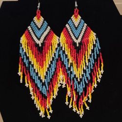Handmade Beaded Native Style Big Sun Colors Hook Earrings 