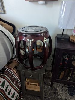 Dark Cherry Rosewood Mother of Pearl Inlay Asian Round Stool