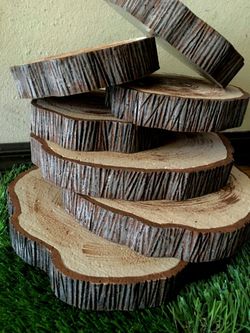 Styrofoam tree slices wood rounds stumps logs wedding centerpieces dessert table rustic decorations cake display stand riser quince baby shower candle