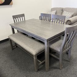 Grey Wooden Dining Set Includes Table, 4 Chairs And Bench 