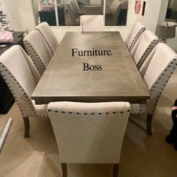 9pc Dining Table Set - 94” Table + 8 Beige Chairs