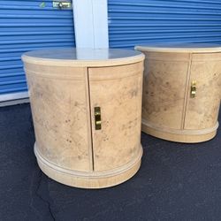 Drexel Heritage Corinthian Ash & Olive Burl Wood Side Table Cabinets