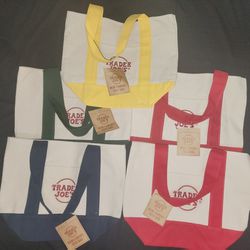 FIVE NEW Trader Joe's Reusable Canvas Eco Tote Bag. Blue, Green, Yellow, and Red