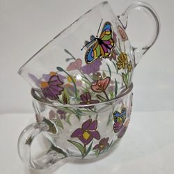2 Vintage 16 Oz Glass Mugs With Raised Butterfly Floral Design
