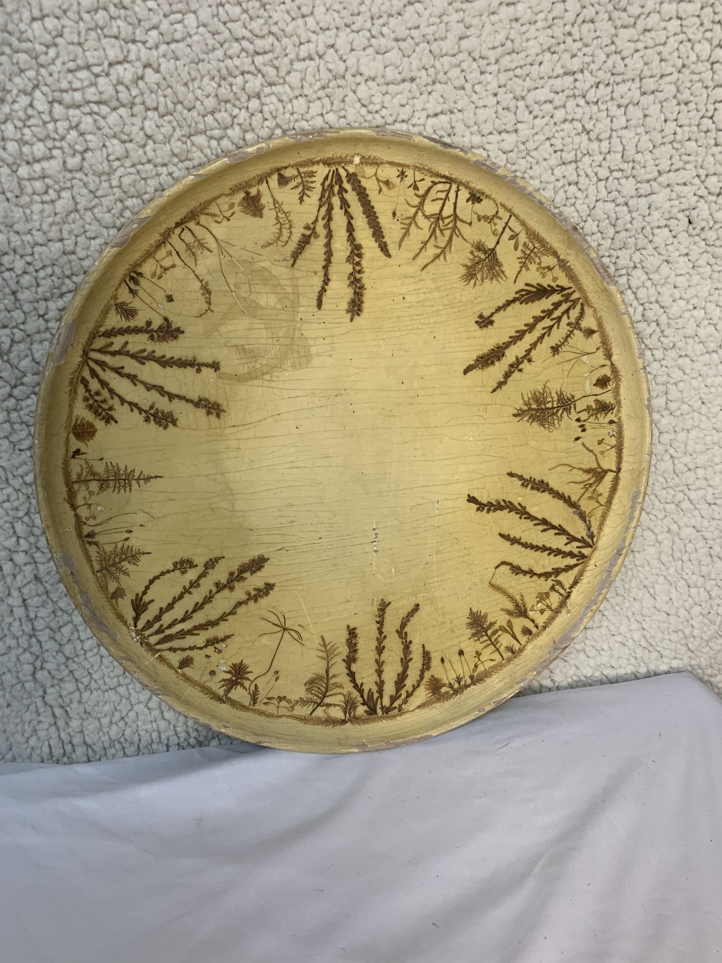 Vintage 12” Round Decoupage Tray Botanical Fern Leaf Pattern Aged Patina 