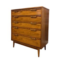 Vintage Mid Century Modern 4 Drawer Dresser with Burl Accents Dovetailed Drawers and Metal Handles