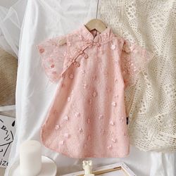 Girls lace dress short sleeve summer princess dress embroidered retro cheongsam small dress （pink)