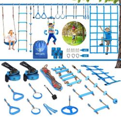 VOKSAFE 56' Weatherproof Ninja Warrior Hanging Obstacle Course Line Backyard Training Equipment Set for Kids, 12 Obstacles, Like Walking Line, Net, Sw