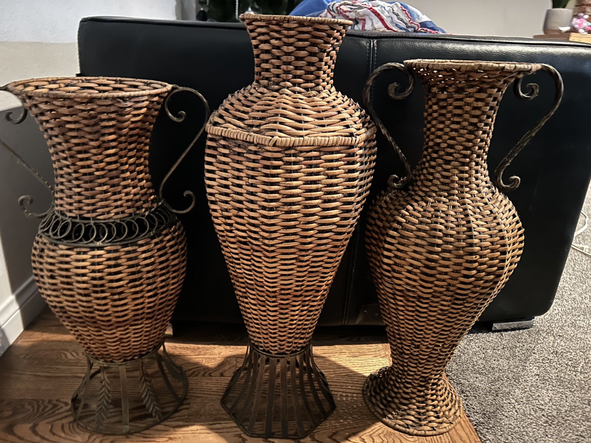 3 Woven Wicker Floor Vases