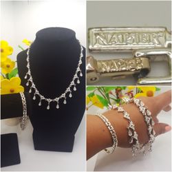 14K WHITE GOLD PLATED, Napier Set, Cz Diamonds Necklace Rare Vintage Piece, & Gorgeous Solid  Bracelet, they Both Napier, Beautiful Antique Fine Jewel