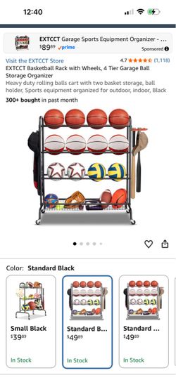 Basketball Rack with Wheels, 4 Tier Garage Ball Storage Organizer Heavy duty rolling balls cart with two basket storage, ball holder, Sports equipment