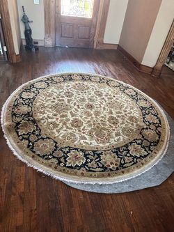 8’ Round Oriental Persian Style Area Rug Ivory Navy Burgundy Floral Traditional