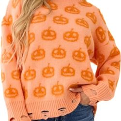 L size cotton Ladies' Autumn/Winter Halloween Pumpkin Pattern Knitted Sweater, Bottom Gap Design, Long Sleeve Round Neck Pullover