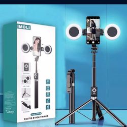IMOLI BLACK 12-67" TELESCOPING SELFIE STICK TRIPOD W/ 2 MINI RING LIGHTS