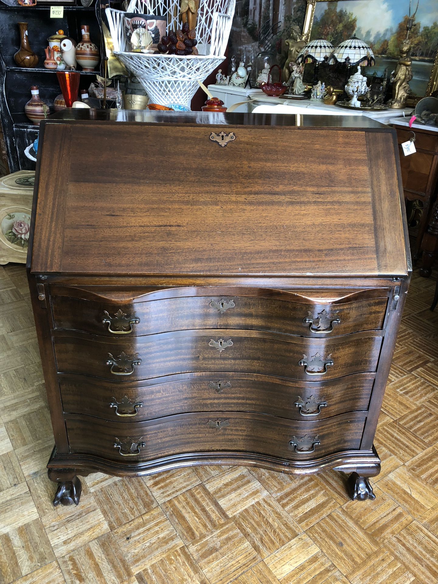 Antique secretary desk mahogany drop front with storage and original key 36 x 22 x 42”