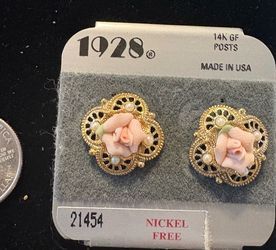 Vintage 1928 Pink Porcelain Rose Stud Earrings - New On Card